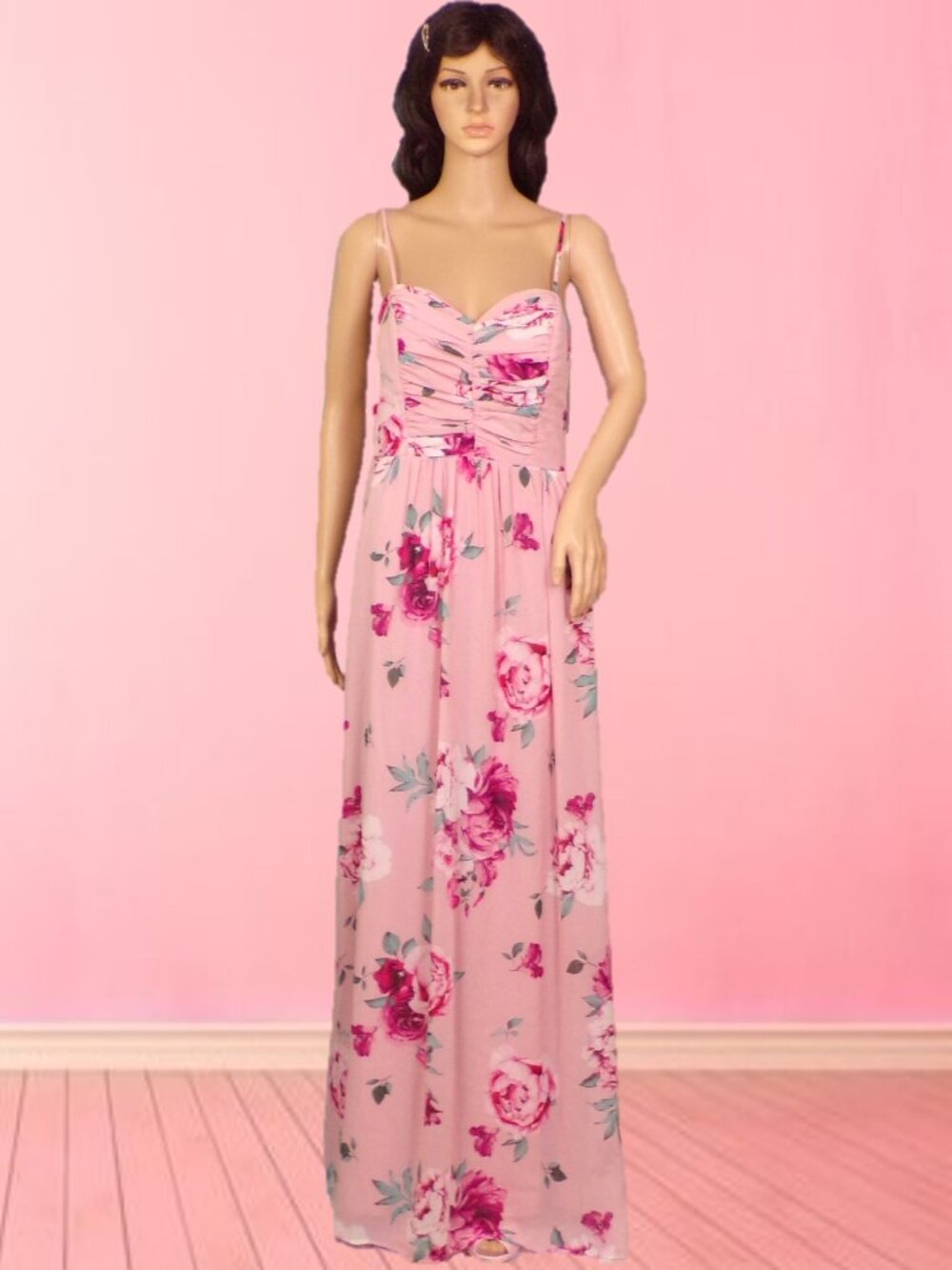 TRIXXI size 9 (Jrs.) pink/red/green/white floral full-length fit/flare ball gown